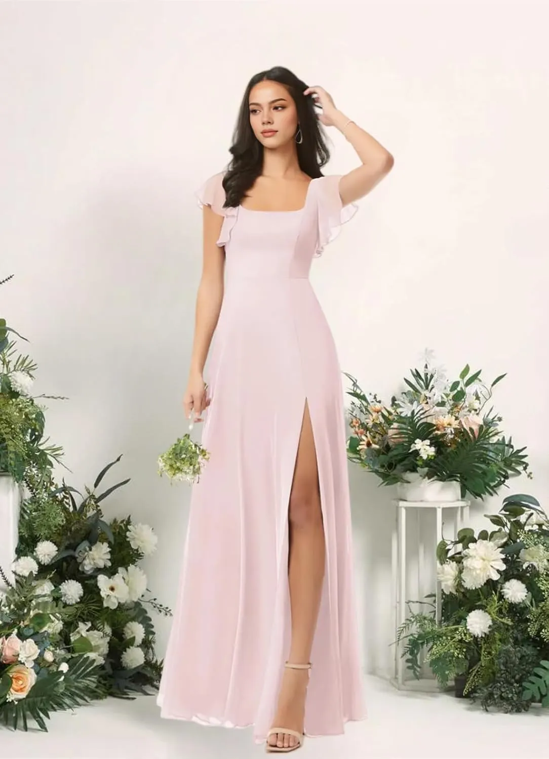 Spring Floral Bridesmaid Dresses for Women with Slit Flutter Sleeve Formal Dress Square Neck Wedding Guest Dresses