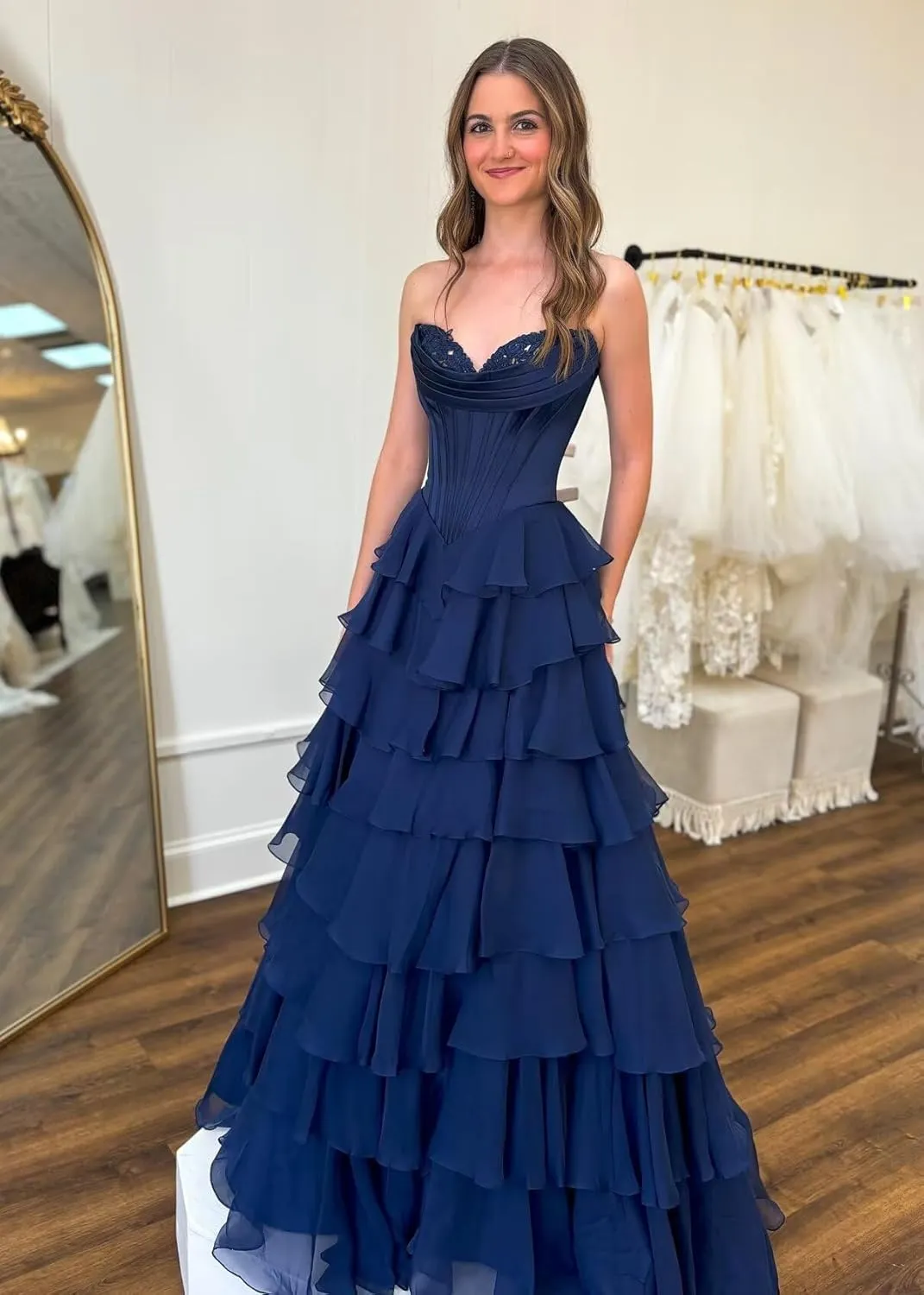 Strapless Corset Prom Dresses for Women Long A Line Ball Gown Chiffon Tiered Formal Evening Gowns with Slit