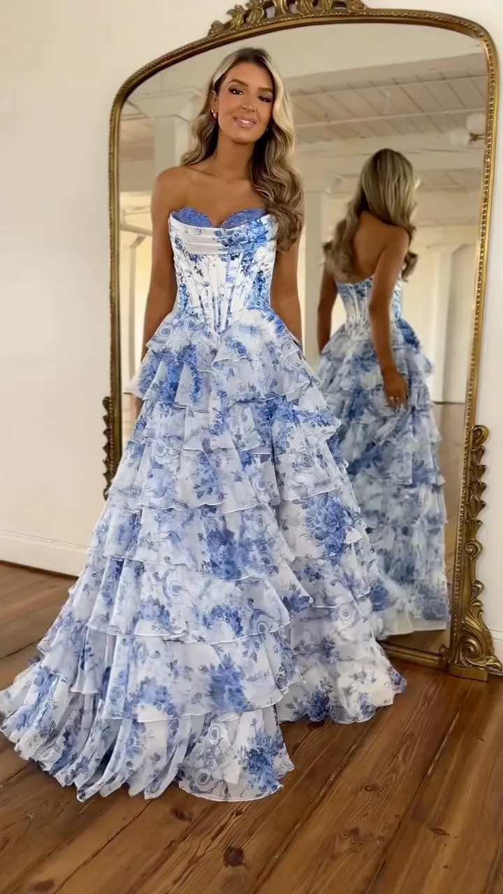Strapless Corset Prom Dresses for Women Long A Line Ball Gown Chiffon Tiered Formal Evening Gowns with Slit