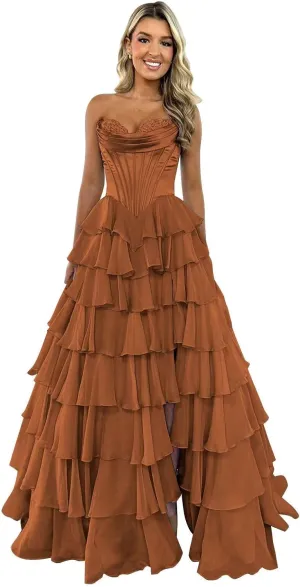 Strapless Corset Prom Dresses for Women Long A Line Ball Gown Chiffon Tiered Formal Evening Gowns with Slit