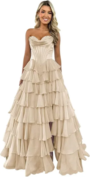Strapless Corset Prom Dresses for Women Long A Line Ball Gown Chiffon Tiered Formal Evening Gowns with Slit