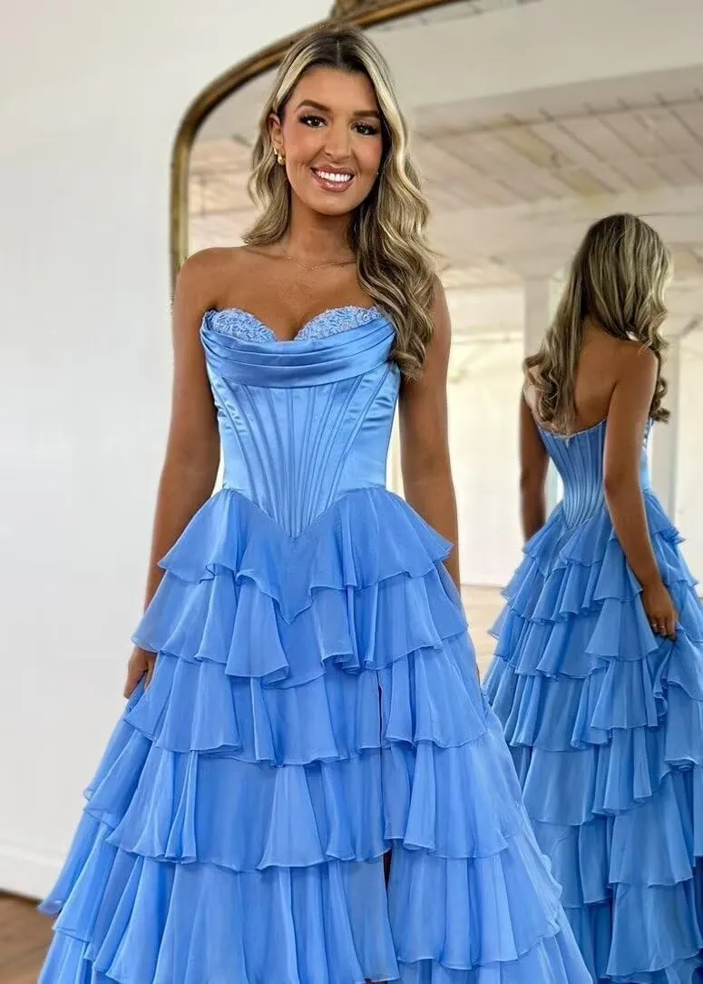 Strapless Corset Prom Dresses for Women Long A Line Ball Gown Chiffon Tiered Formal Evening Gowns with Slit