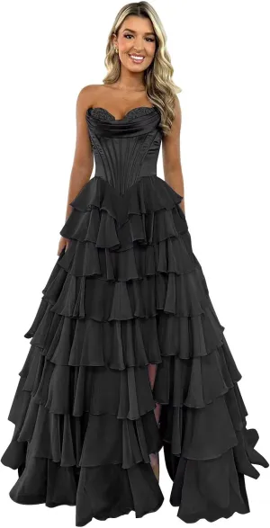 Strapless Corset Prom Dresses for Women Long A Line Ball Gown Chiffon Tiered Formal Evening Gowns with Slit
