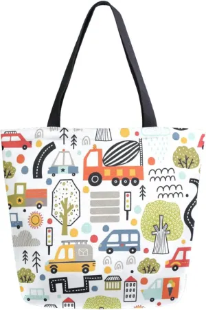 Stylish Extra Large Shoulder Grocery Tote Bag, Cartoon Colorful Cars Road Park Houses Canvas Daily Handle Bag for Gym Yoga Weekender Beach Travel Picnic Kitchen Reusable Market Shopping