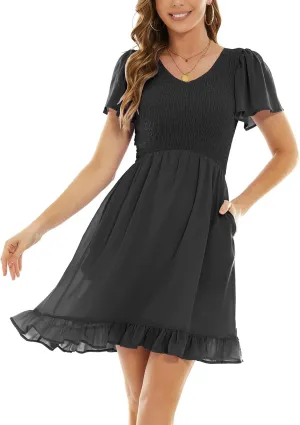 Summer Dresses for Women 2023, Ruffle Tiered Elastic Waist V Neck Mini Womens Casual Dresses with Pockets