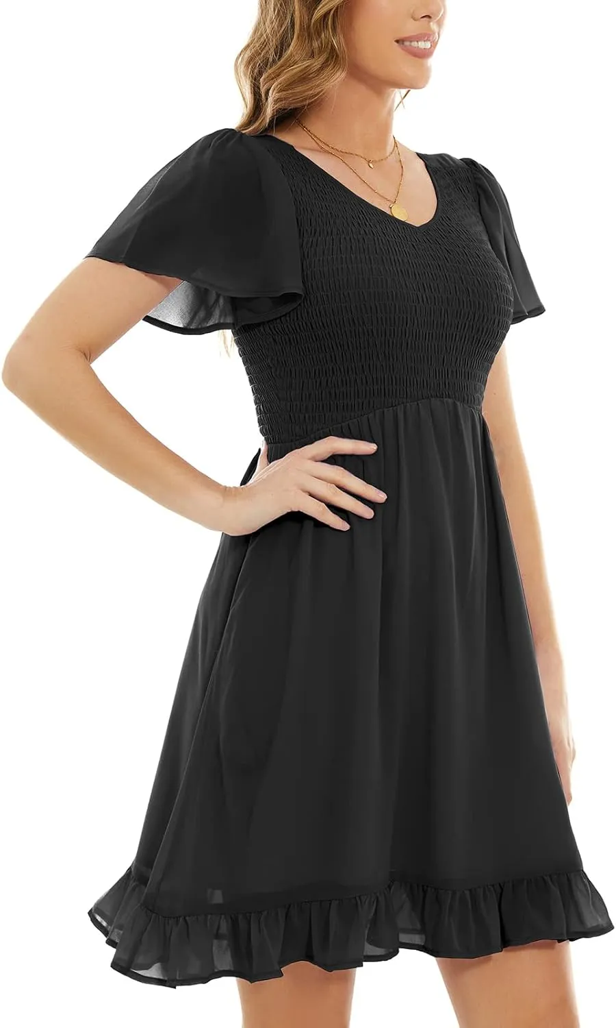 Summer Dresses for Women 2023, Ruffle Tiered Elastic Waist V Neck Mini Womens Casual Dresses with Pockets