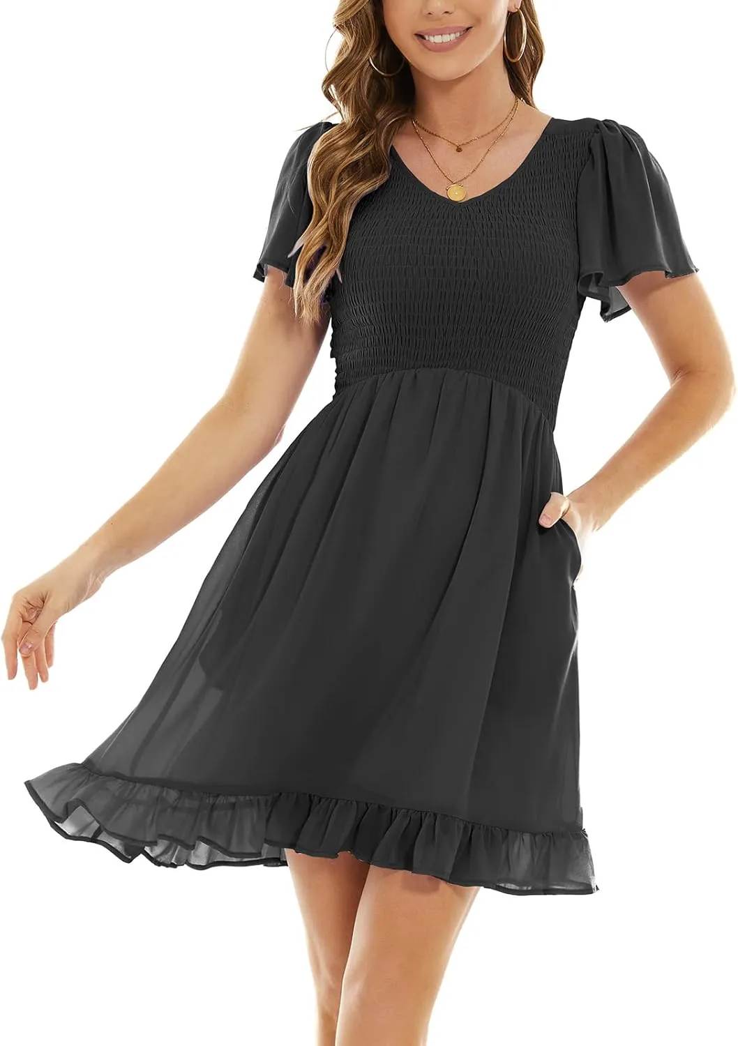 Summer Dresses for Women 2023, Ruffle Tiered Elastic Waist V Neck Mini Womens Casual Dresses with Pockets