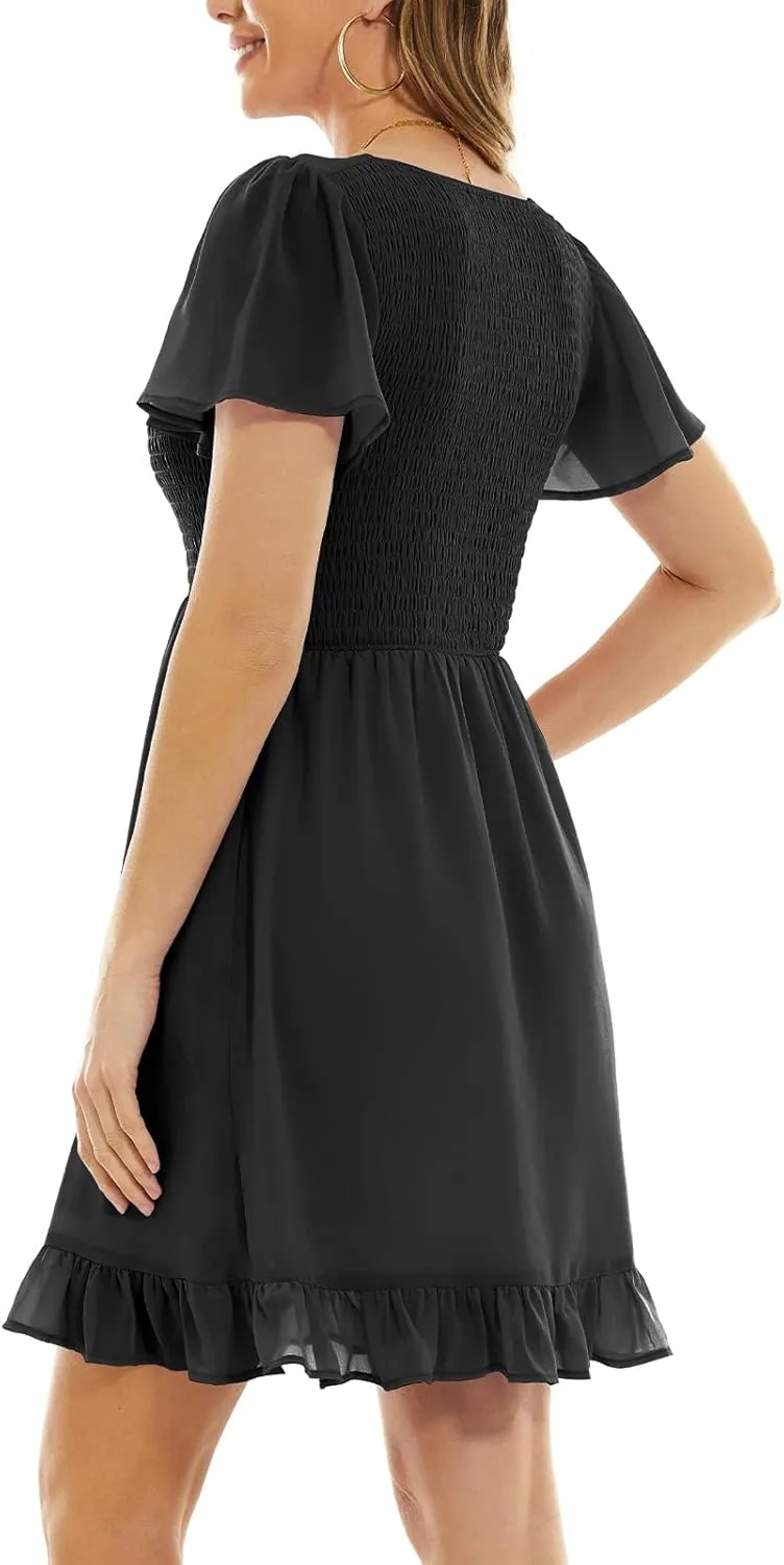 Summer Dresses for Women 2023, Ruffle Tiered Elastic Waist V Neck Mini Womens Casual Dresses with Pockets