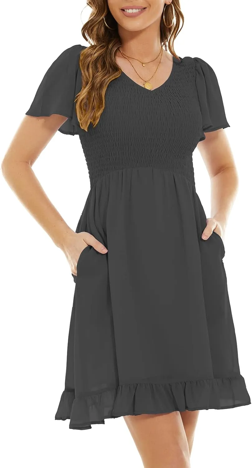 Summer Dresses for Women 2023, Ruffle Tiered Elastic Waist V Neck Mini Womens Casual Dresses with Pockets