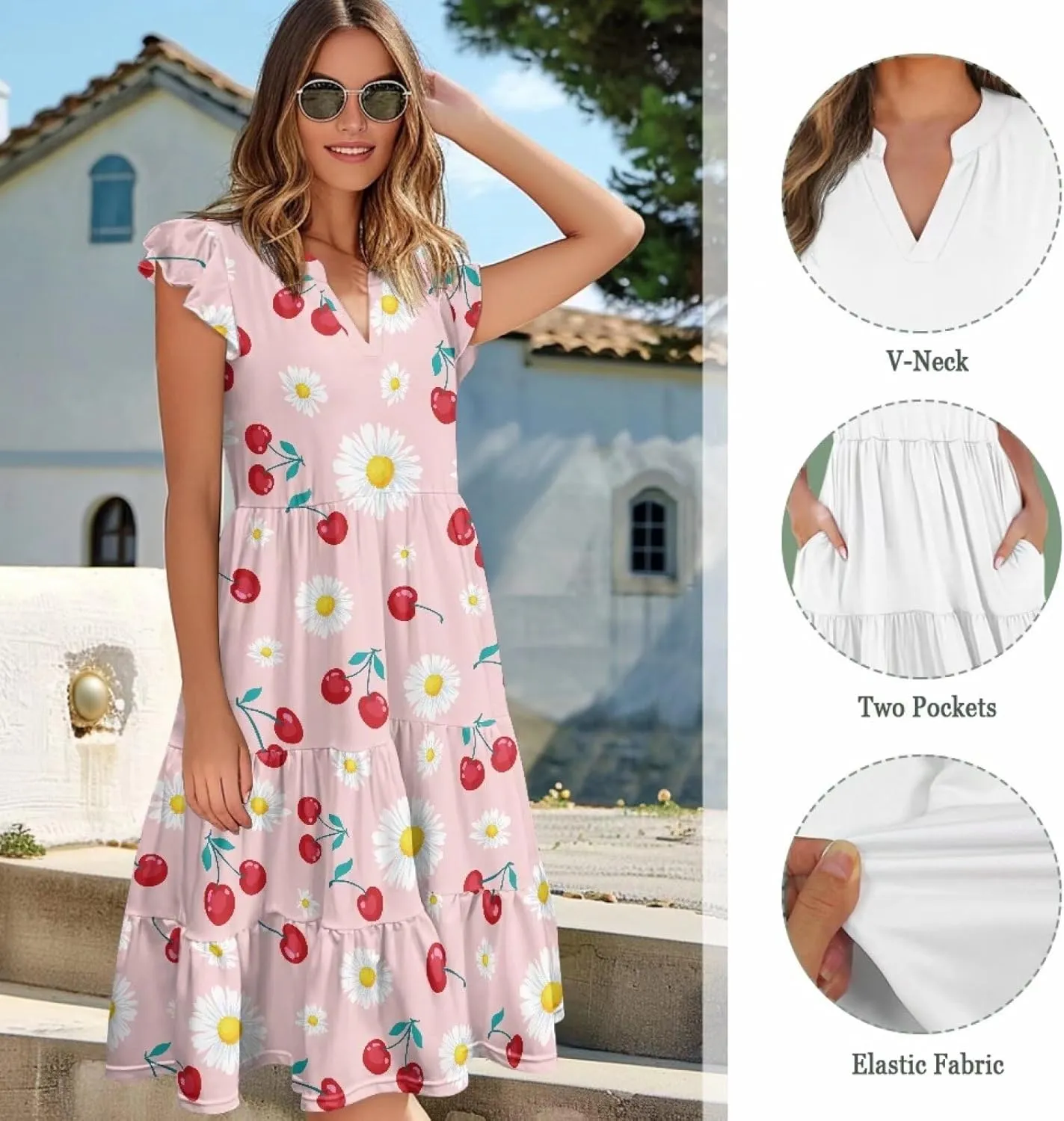Summer Dresses for Women Casual Midi Tiered Sun Dress V Neck Ruffle Sleeve Vacation Dress with Pocket S-2XL