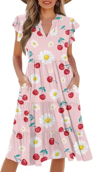 Summer Dresses for Women Casual Midi Tiered Sun Dress V Neck Ruffle Sleeve Vacation Dress with Pocket S-2XL