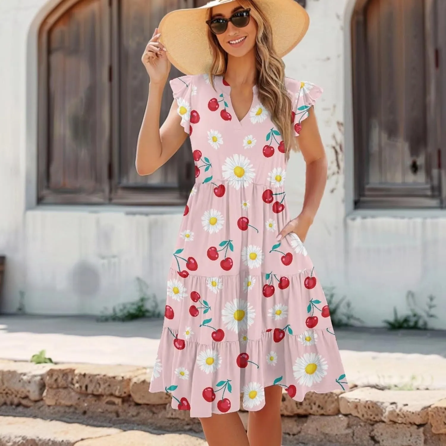 Summer Dresses for Women Casual Midi Tiered Sun Dress V Neck Ruffle Sleeve Vacation Dress with Pocket S-2XL