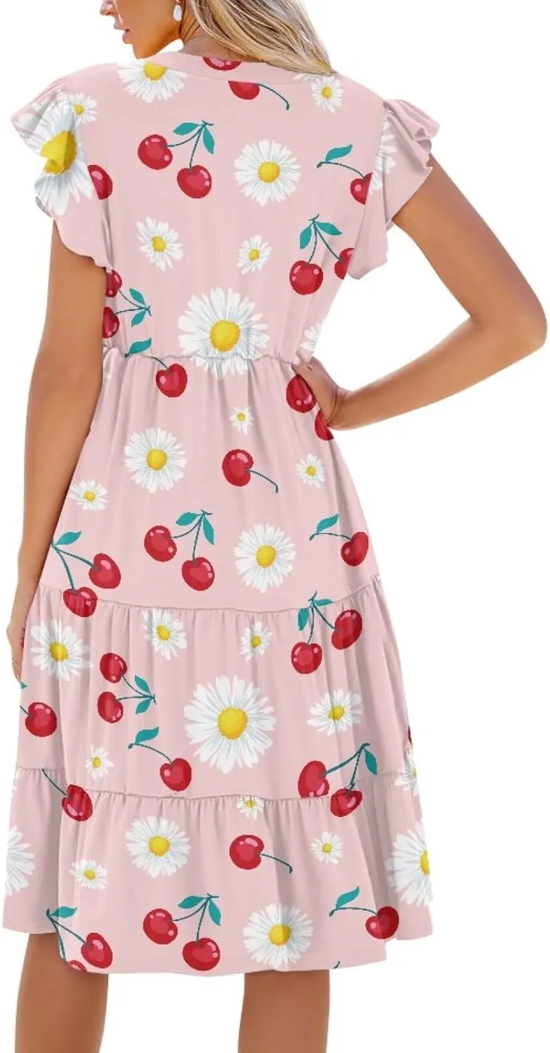 Summer Dresses for Women Casual Midi Tiered Sun Dress V Neck Ruffle Sleeve Vacation Dress with Pocket S-2XL