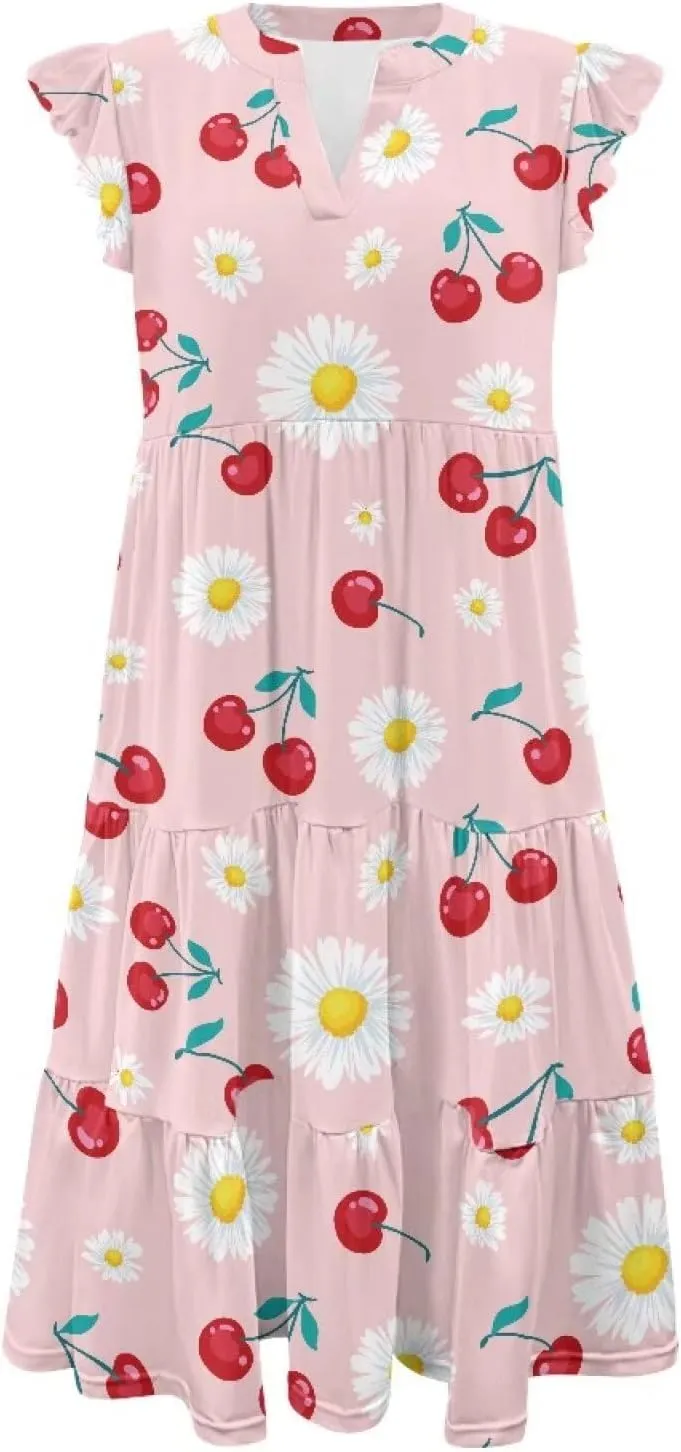 Summer Dresses for Women Casual Midi Tiered Sun Dress V Neck Ruffle Sleeve Vacation Dress with Pocket S-2XL