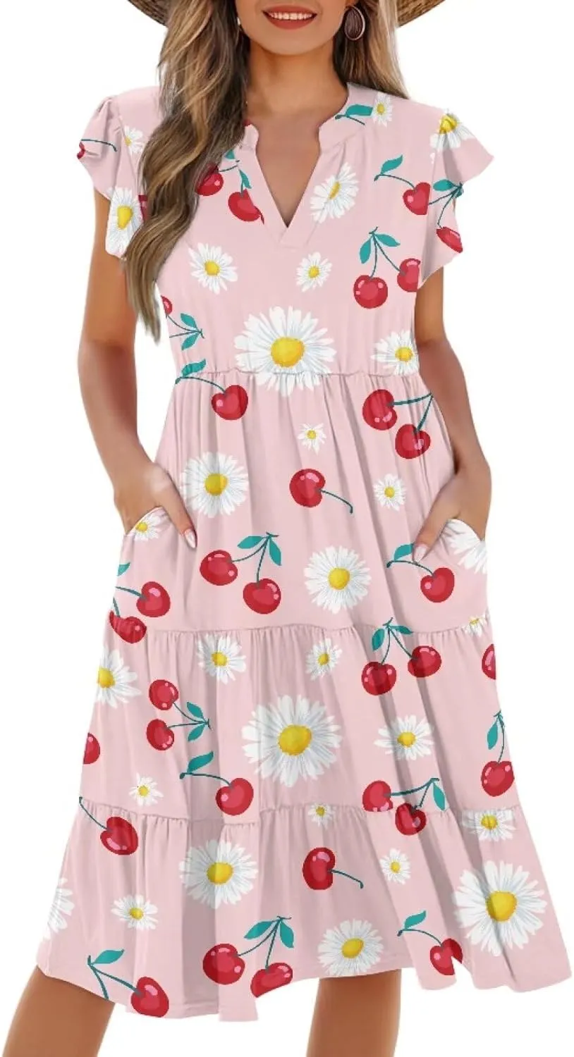 Summer Dresses for Women Casual Midi Tiered Sun Dress V Neck Ruffle Sleeve Vacation Dress with Pocket S-2XL