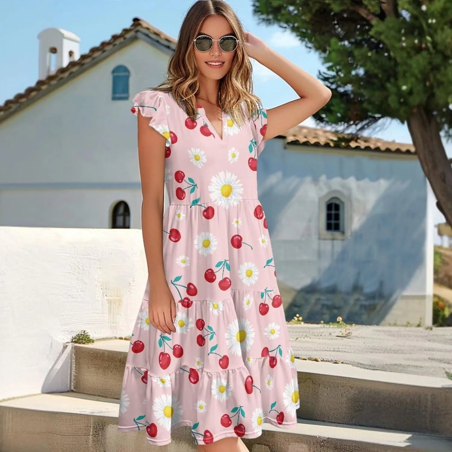 Summer Dresses for Women Casual Midi Tiered Sun Dress V Neck Ruffle Sleeve Vacation Dress with Pocket S-2XL