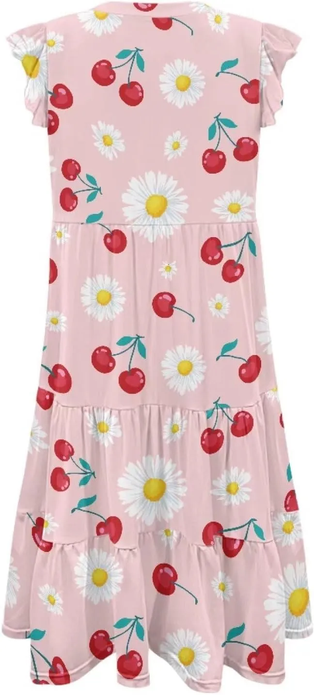 Summer Dresses for Women Casual Midi Tiered Sun Dress V Neck Ruffle Sleeve Vacation Dress with Pocket S-2XL