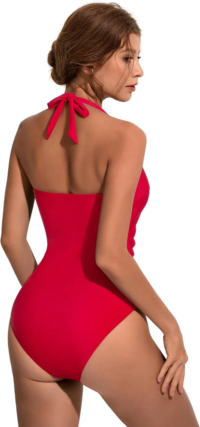 SUUKSESS Women Sexy Halter One Piece Swimsuits Ruffle Tummy Control Bathing Suit