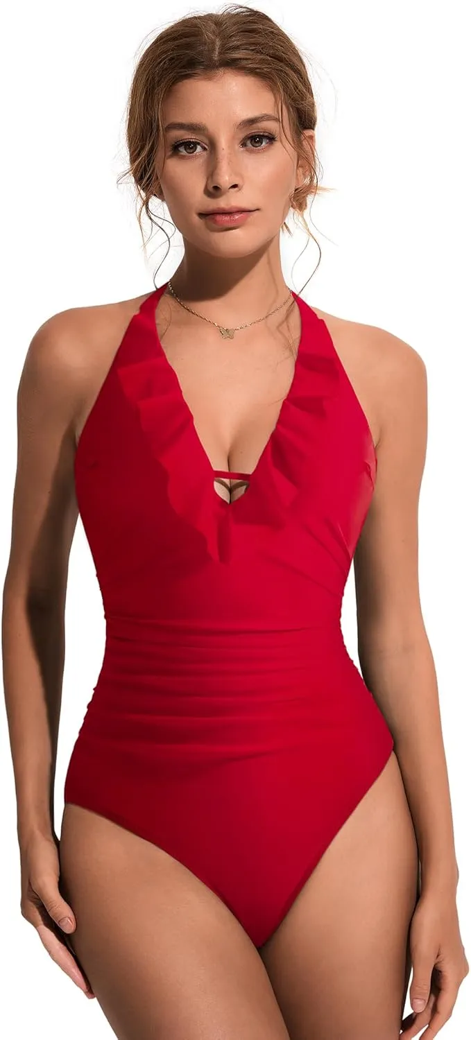 SUUKSESS Women Sexy Halter One Piece Swimsuits Ruffle Tummy Control Bathing Suit