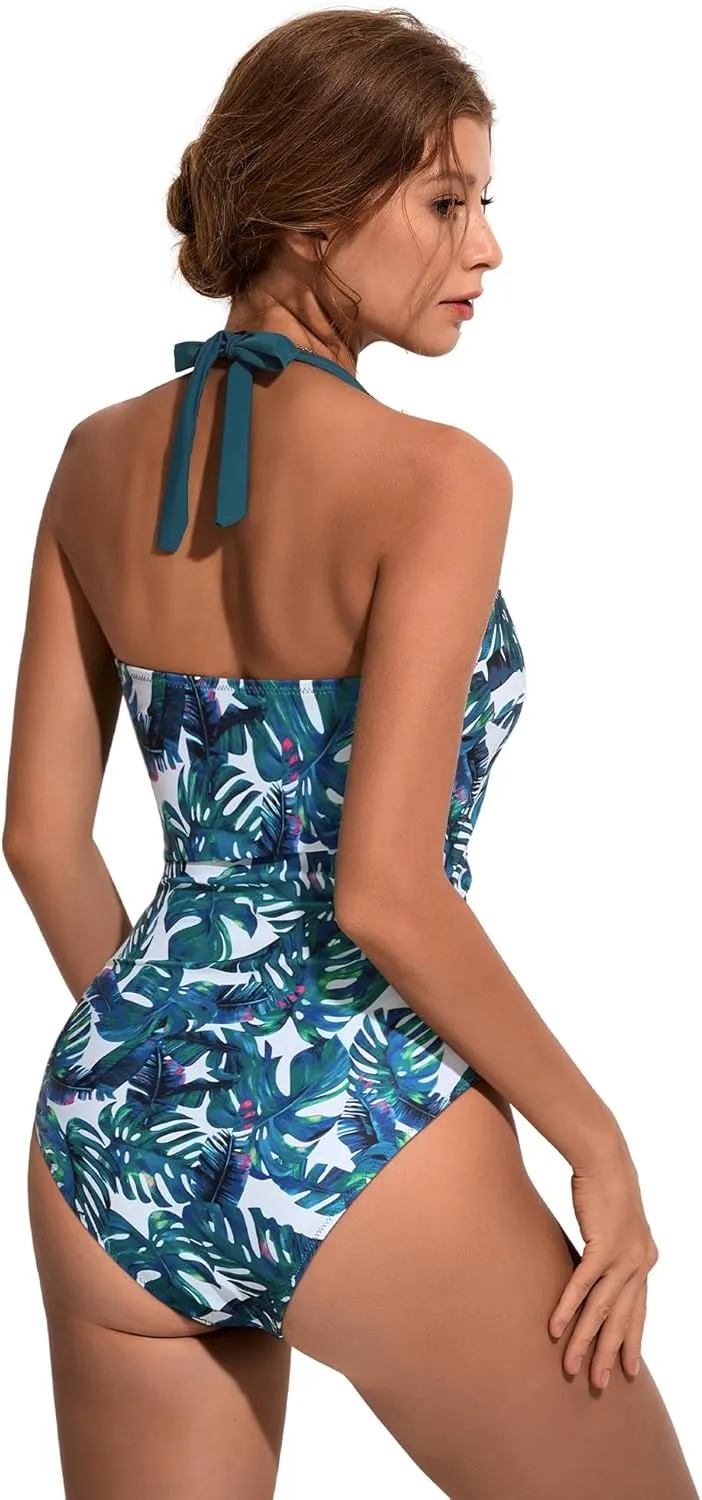 SUUKSESS Women Sexy Halter One Piece Swimsuits Ruffle Tummy Control Bathing Suit