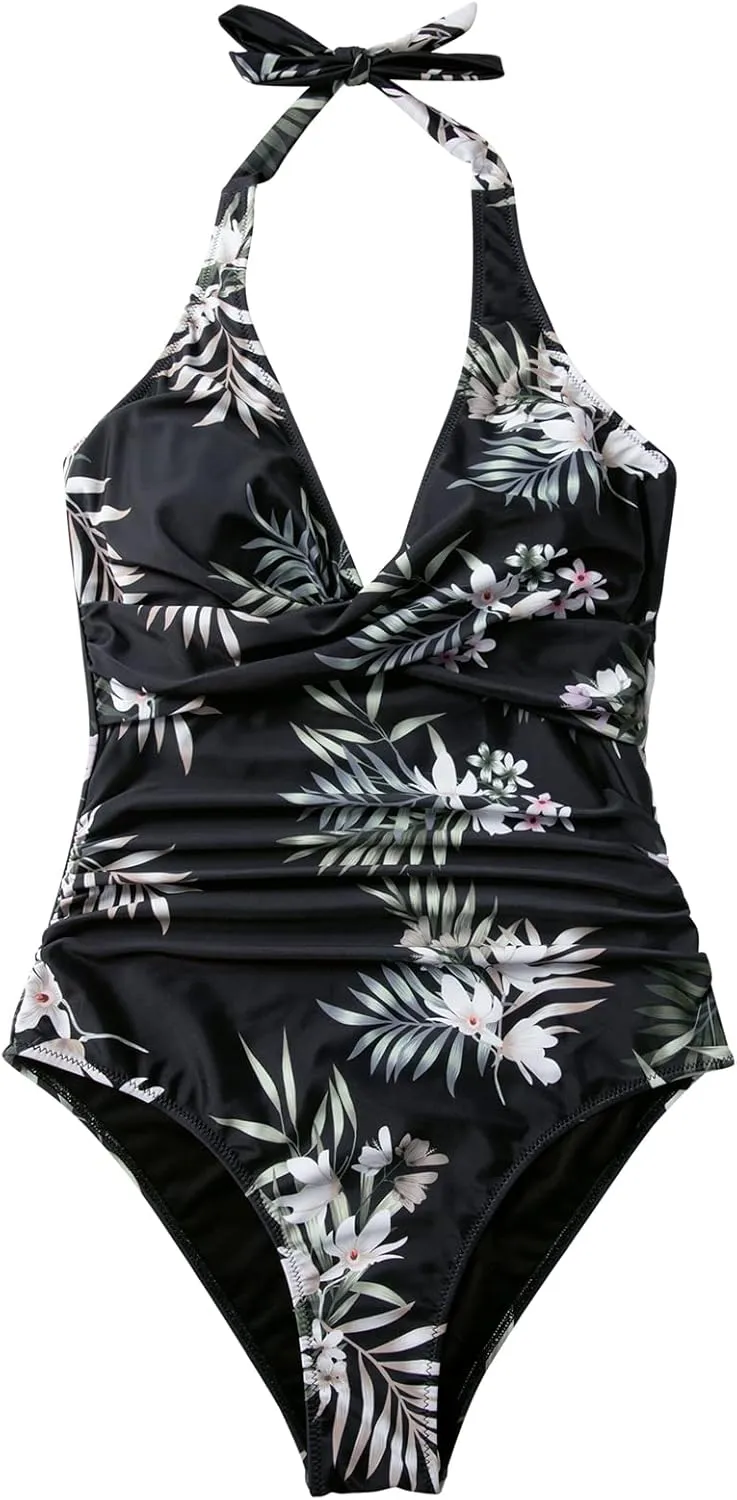 SUUKSESS Women Sexy Tummy Control One Piece Swimsuits Halter Push Up Bathing Suits