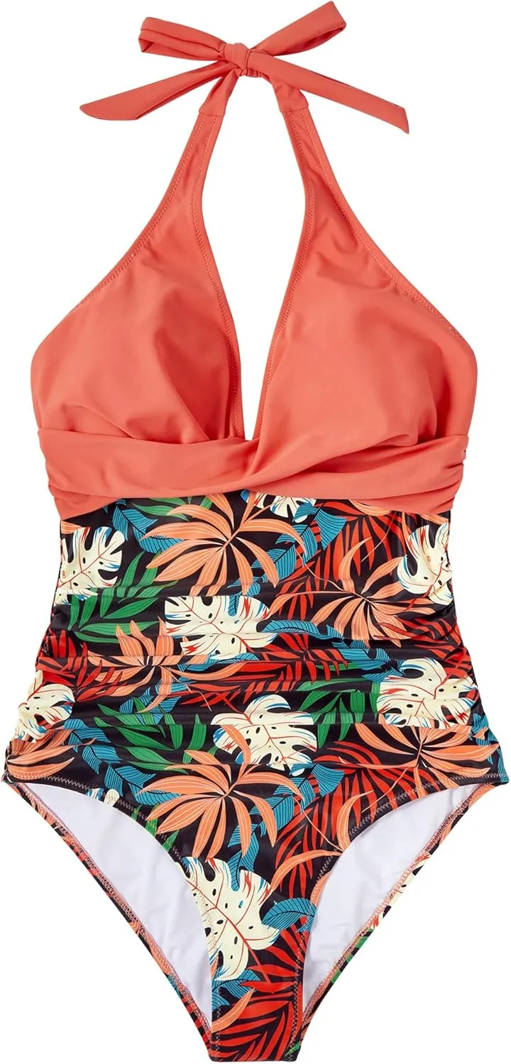 SUUKSESS Women Sexy Tummy Control One Piece Swimsuits Halter Push Up Bathing Suits
