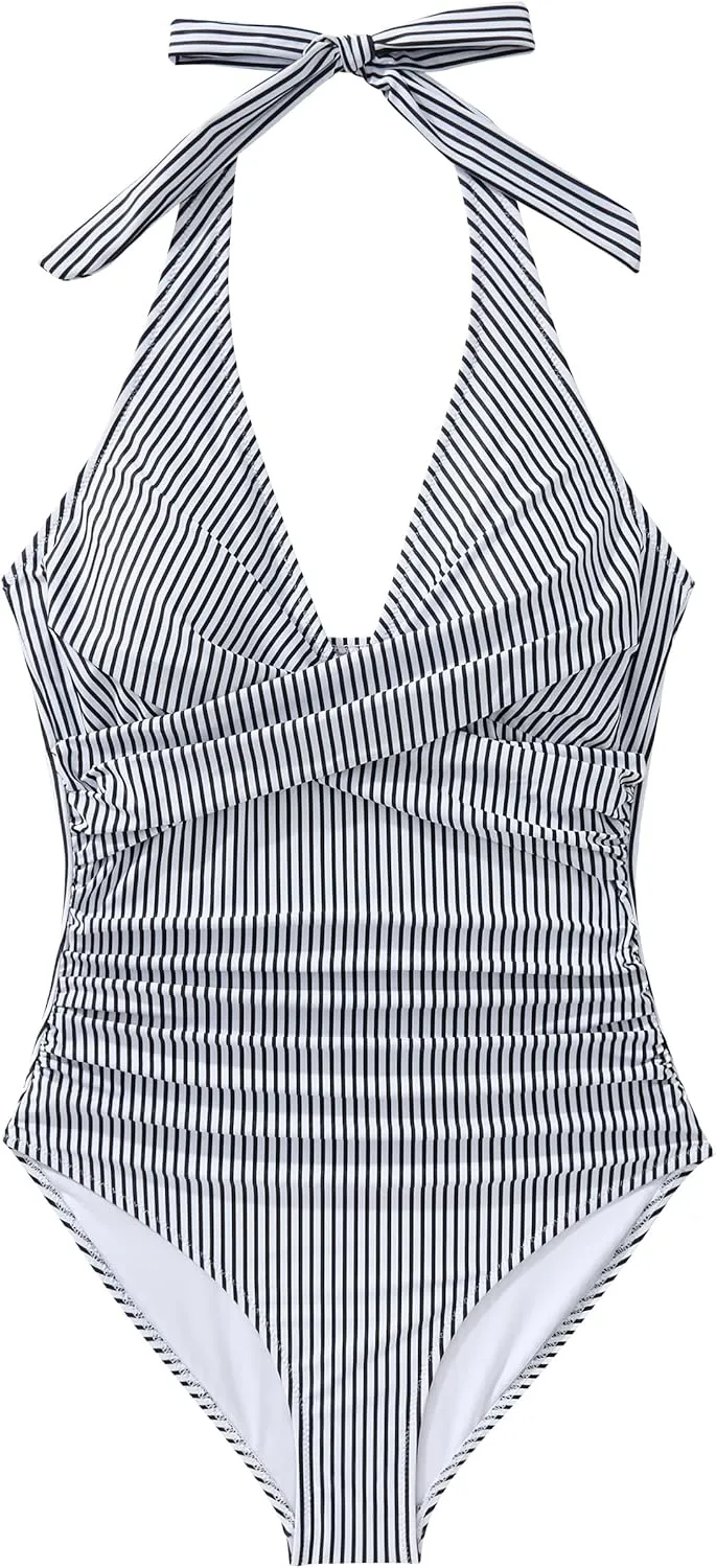 SUUKSESS Women Sexy Tummy Control One Piece Swimsuits Halter Push Up Bathing Suits