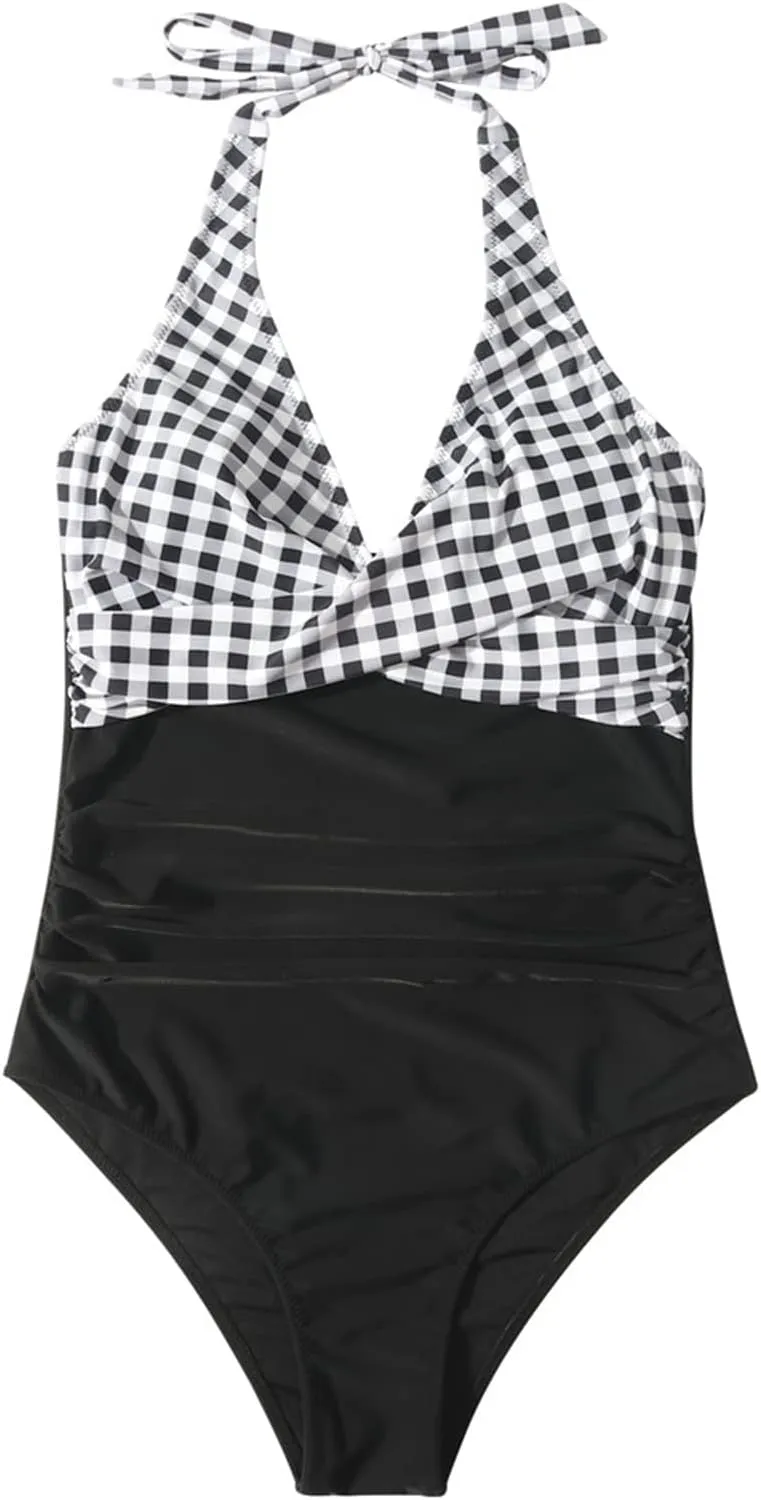 SUUKSESS Women Sexy Tummy Control One Piece Swimsuits Halter Push Up Bathing Suits