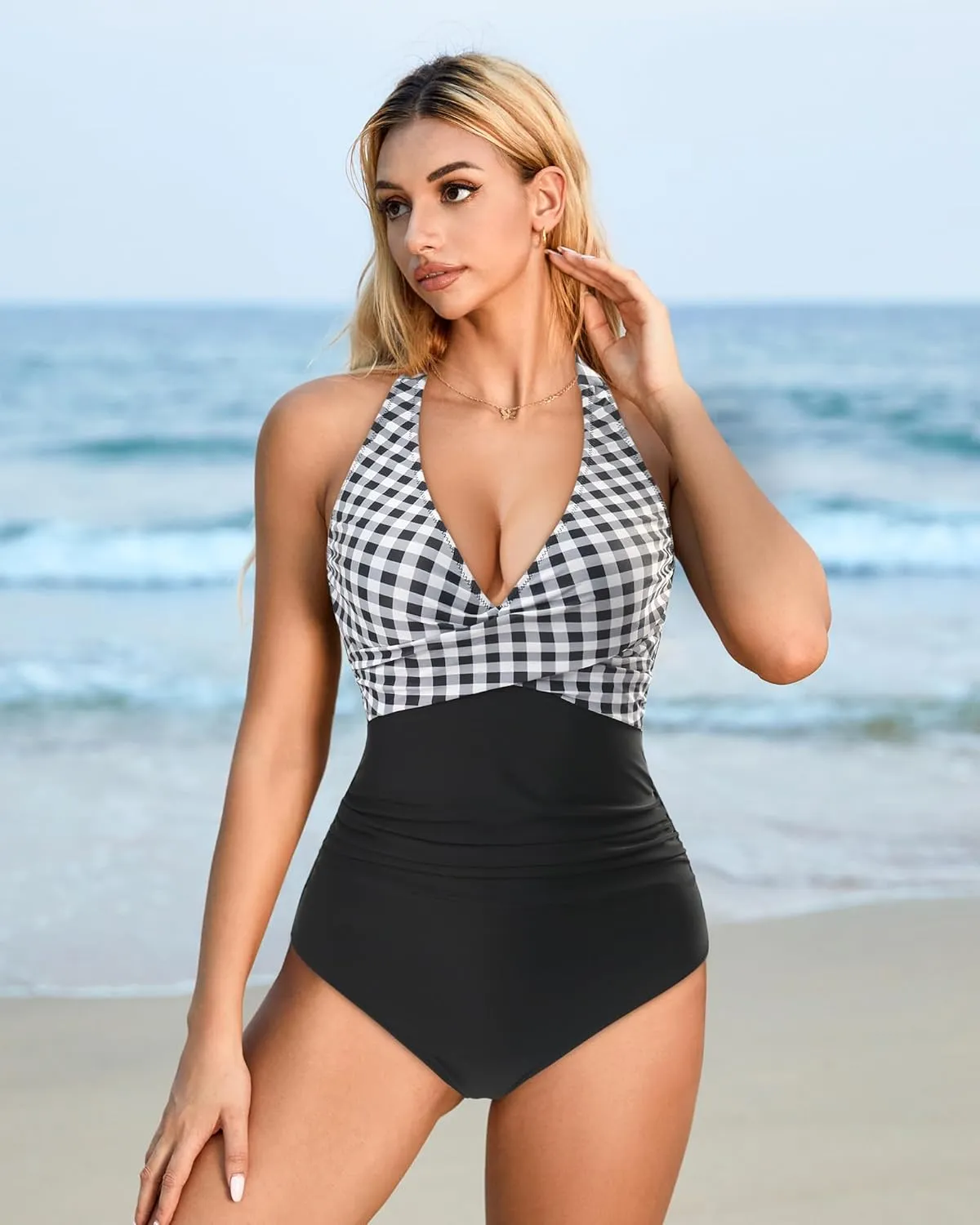 SUUKSESS Women Sexy Tummy Control One Piece Swimsuits Halter Push Up Bathing Suits