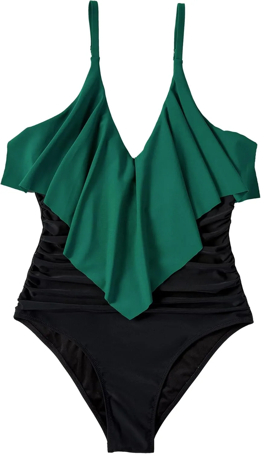 SUUKSESS Women Slimming Ruffle One Piece Swimsuits Ruched Tummy Control Bathing Suits