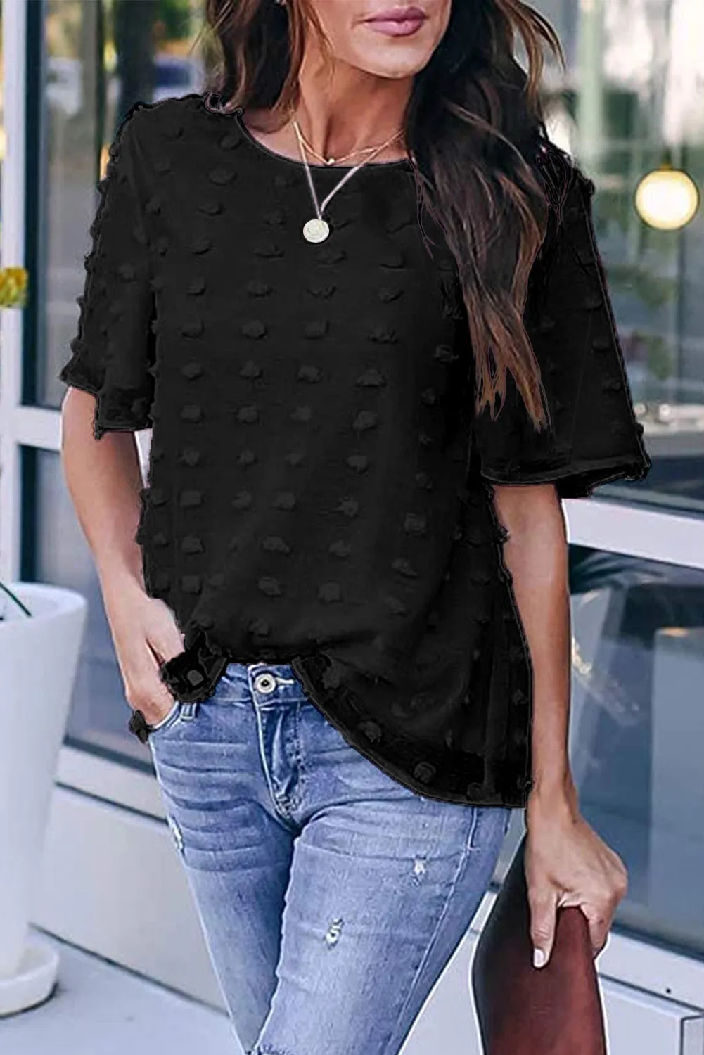 Swiss Dot Texture Short Sleeve Top