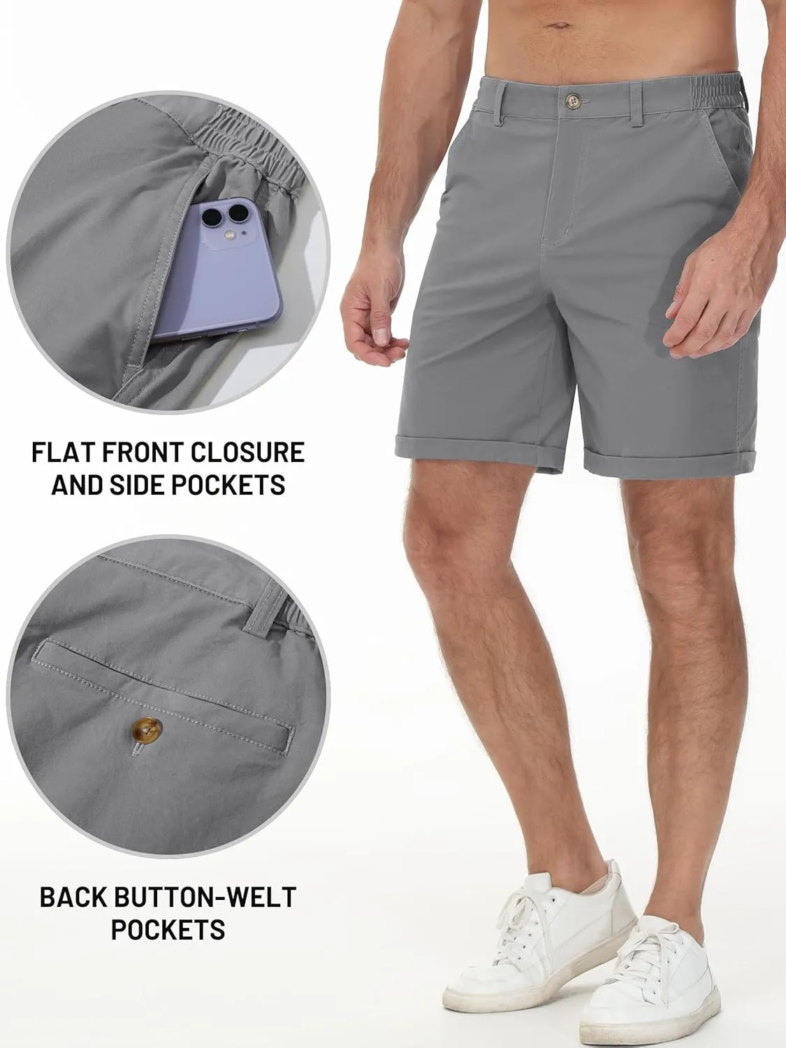 TACVASEN Mens Casual Shorts Classic Fit 7 Stretch Twill Flat Front Chino Shorts with Pockets