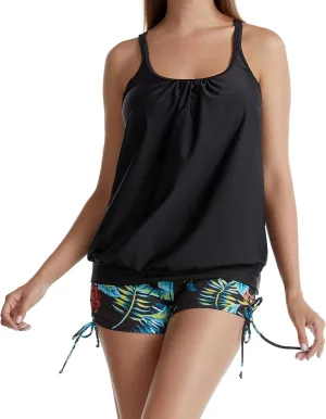 Tankini Bathing Suits for Women Two Piece Swimsuit Modest Swimwear with Shorts High Waisted Drawstring Swimming Suit