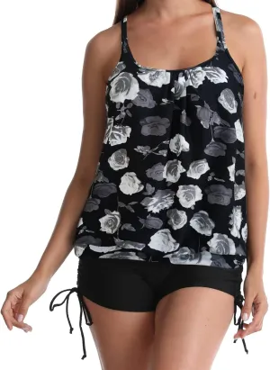Tankini Bathing Suits for Women Two Piece Swimsuit Modest Swimwear with Shorts High Waisted Drawstring Swimming Suit