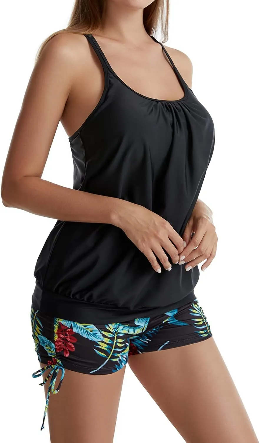 Tankini Bathing Suits for Women Two Piece Swimsuit Modest Swimwear with Shorts High Waisted Drawstring Swimming Suit