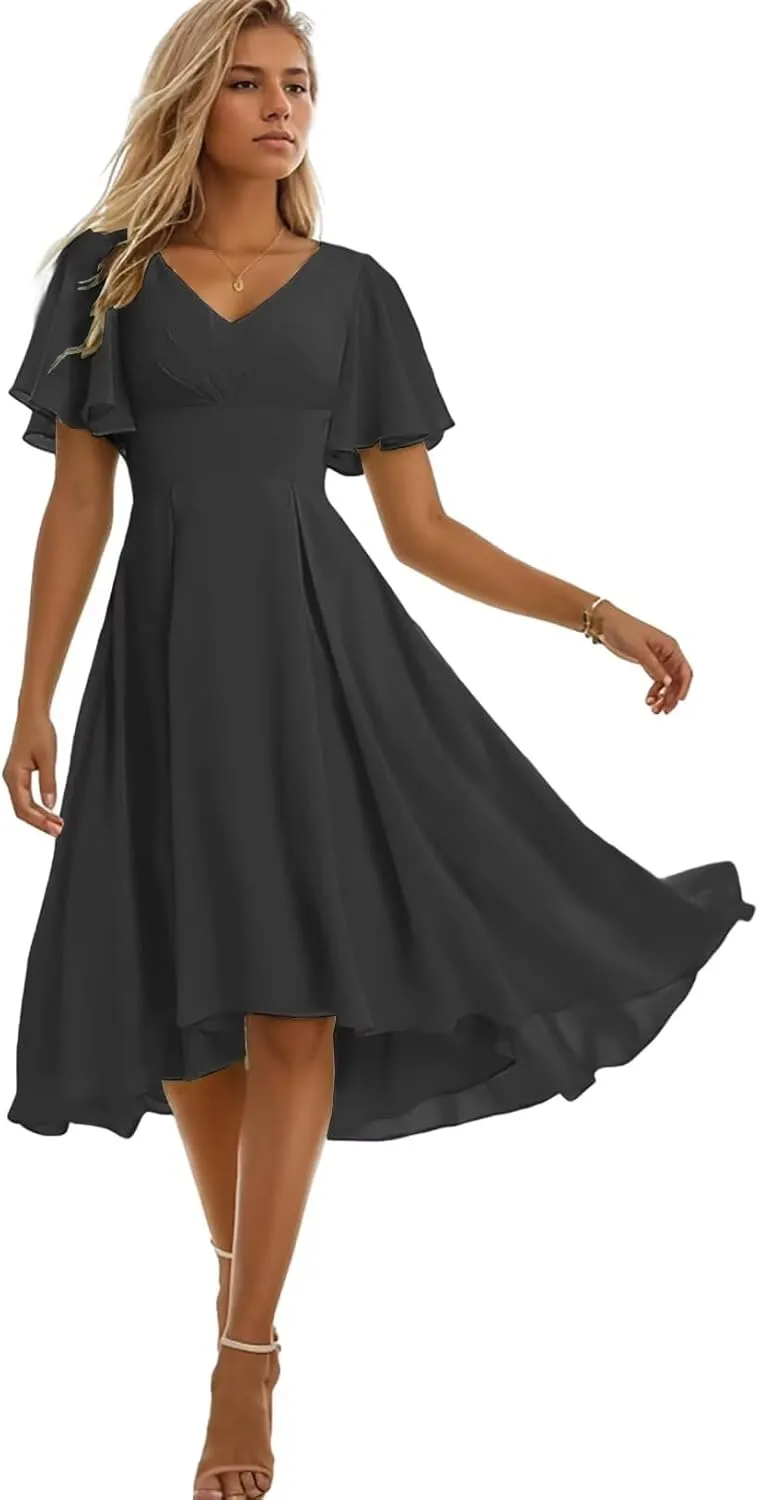 Tea Length Bridesmaid Dresses for Wedding V Neck Short Sleeve Formal Dresses for Women