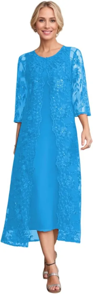 Tea Length Mother of The Bride Dresses for Wedding with Jacket Chiffon Laces Formal Evening Gown for Women