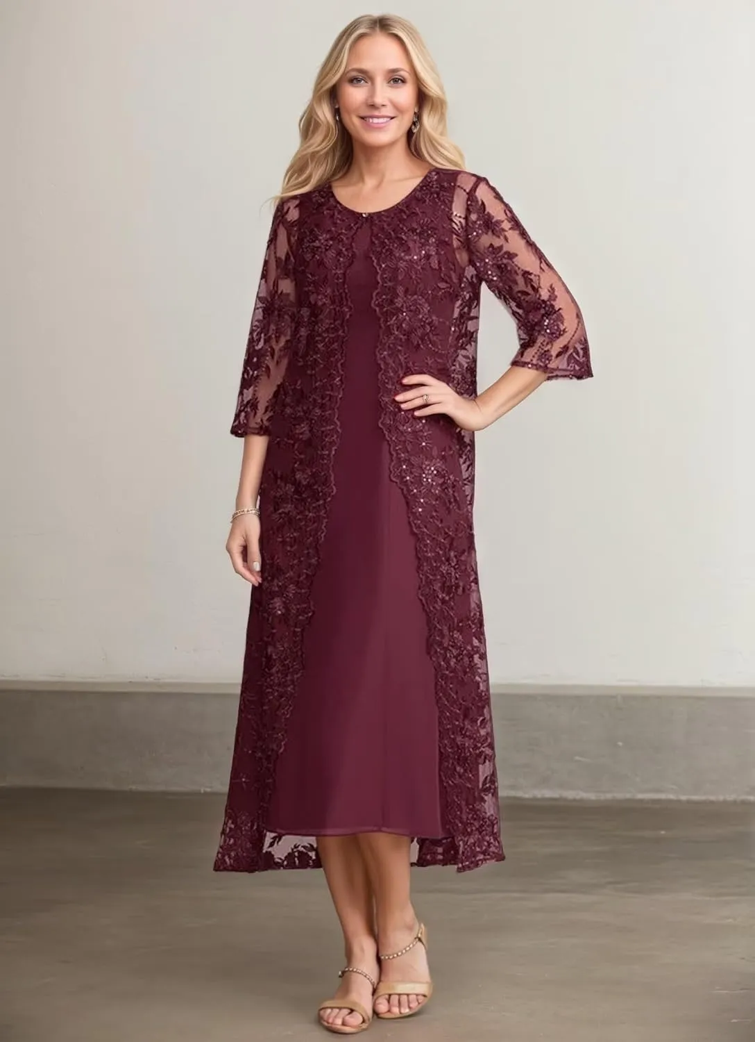 Tea Length Mother of The Bride Dresses for Wedding with Jacket Chiffon Laces Formal Evening Gown for Women