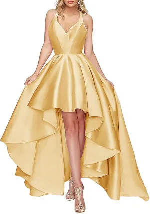 Tianzhihe Halter High Low Prom Dress Long A-line Satin Formal Evening Party Gown