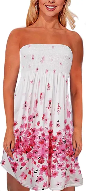 TICBRY Tube Dress for Womens Summer Beach Casual Strapless Boho Smocked Cover Ups Dress