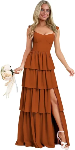 Tiered Ruffle Bridesmaid Dresses for Women 2025 Long Chiffon Formal Evening Dress with Slit