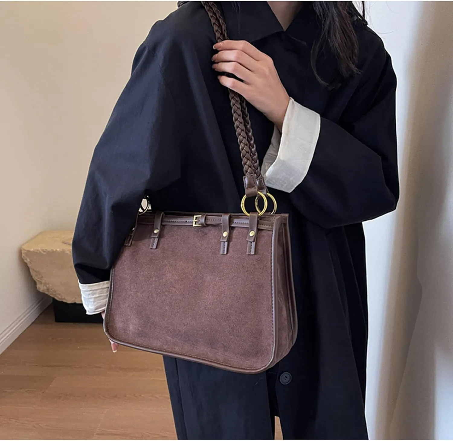 Top Handle Soft Leather Handbags for Women Vintage Casual Crossbody Shoulder Bag Fashion Elegant Tote Bag, Black, 9