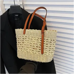 Trendy Straw Weave Bag For Women Summer Female Handbags Shoulder Bag Simple Shopping Totes Casual Vacation Beach Bag(Beige)