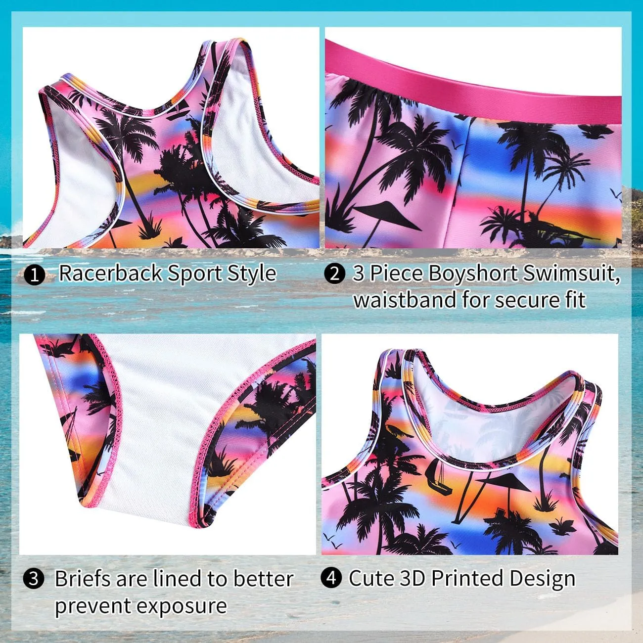uideazone Girls 3 Piece Bathing Suit Summer UPF 50  Racerback Swimsuit with Shorts Beach Tankini Sets 8-15 Years