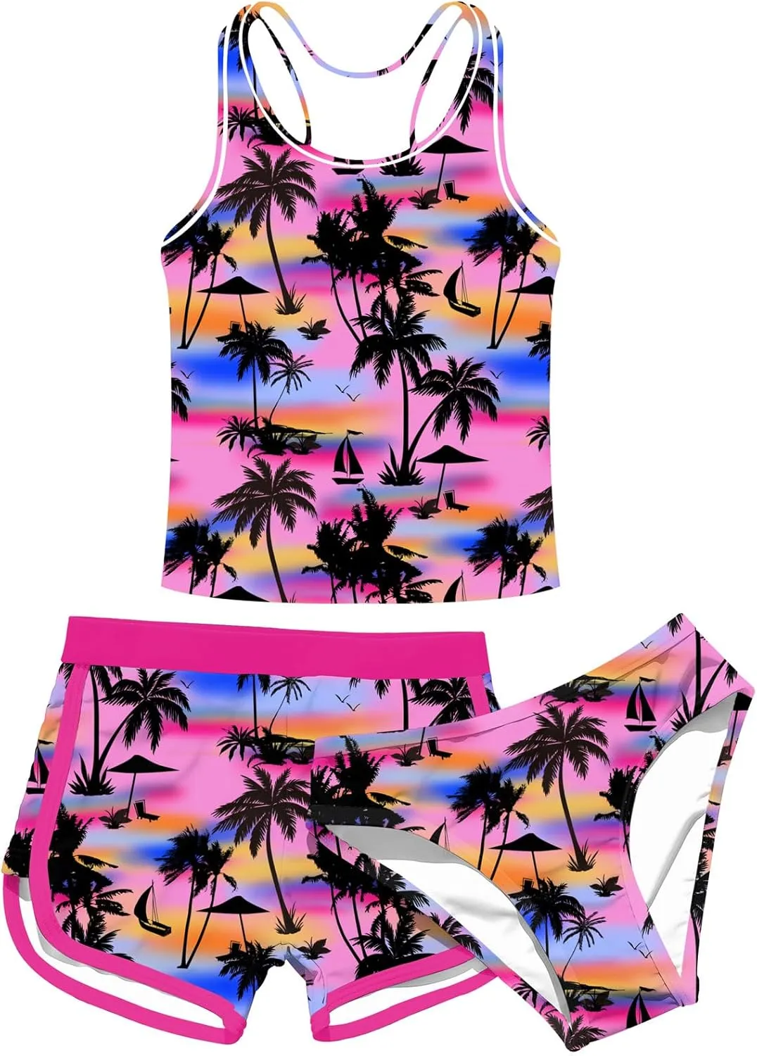 uideazone Girls 3 Piece Bathing Suit Summer UPF 50  Racerback Swimsuit with Shorts Beach Tankini Sets 8-15 Years