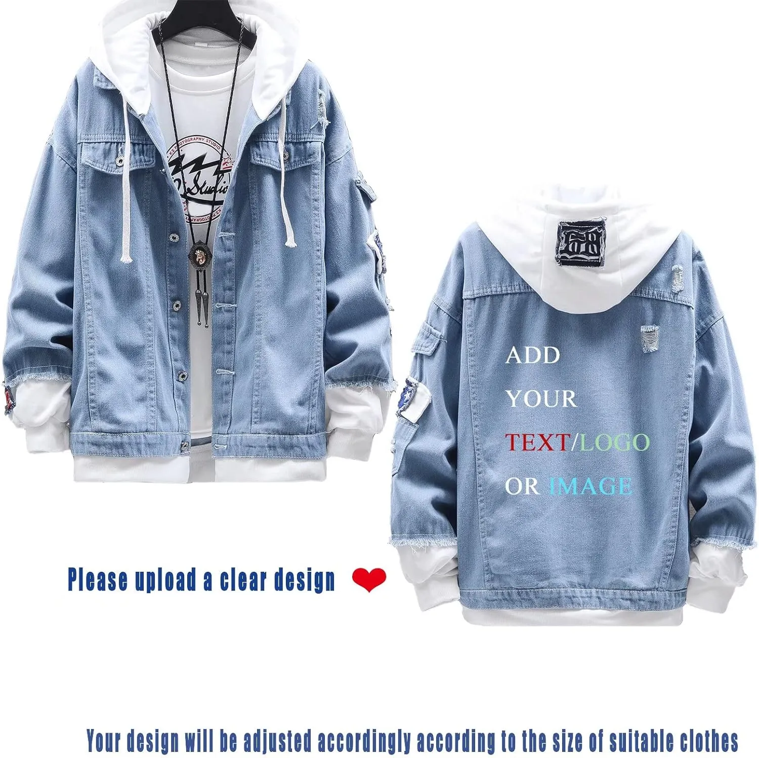 Unisex Personalized Hooded Denim Hoodie Tops Customized Gifts Add Your Own Design Outwear Custom Jeans Jackets Coat