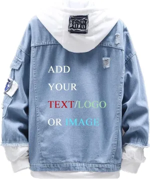 Unisex Personalized Hooded Denim Hoodie Tops Customized Gifts Add Your Own Design Outwear Custom Jeans Jackets Coat