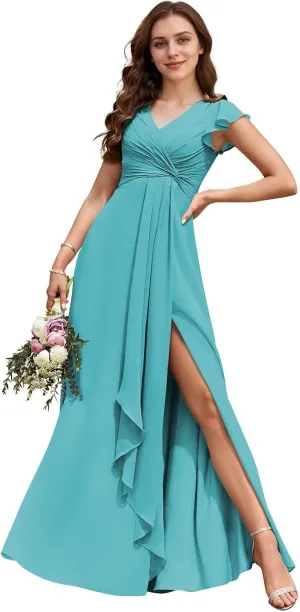 V Neck Chiffon Bridesmaid Dresses Long with Slit Ruffled Sleeve A-Line Formal Gowns for Women with Pockets