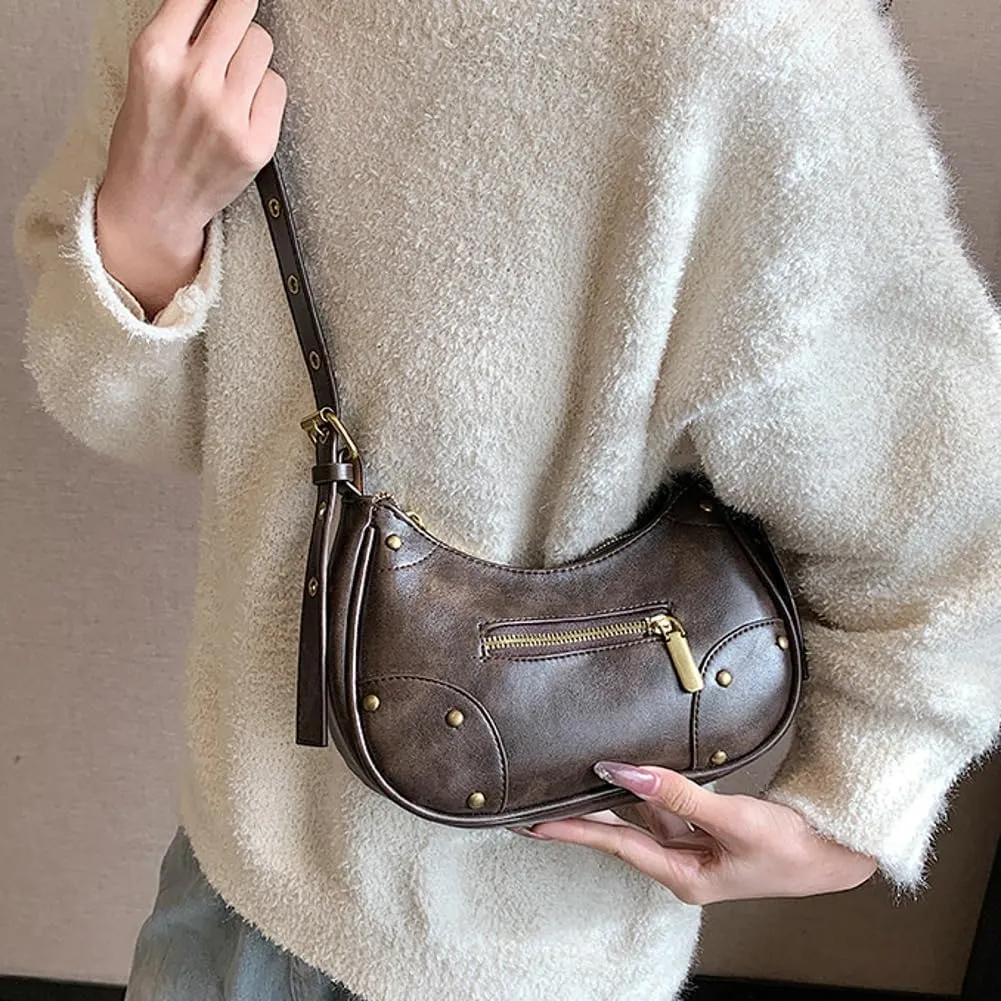 Vegan Leather Shoulder Crossbody Bag for Women Y2k Dumpling Purse Zipper Small Totes Handbag Retro Satchel