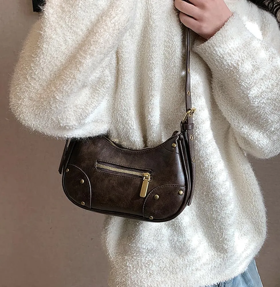 Vegan Leather Shoulder Crossbody Bag for Women Y2k Dumpling Purse Zipper Small Totes Handbag Retro Satchel